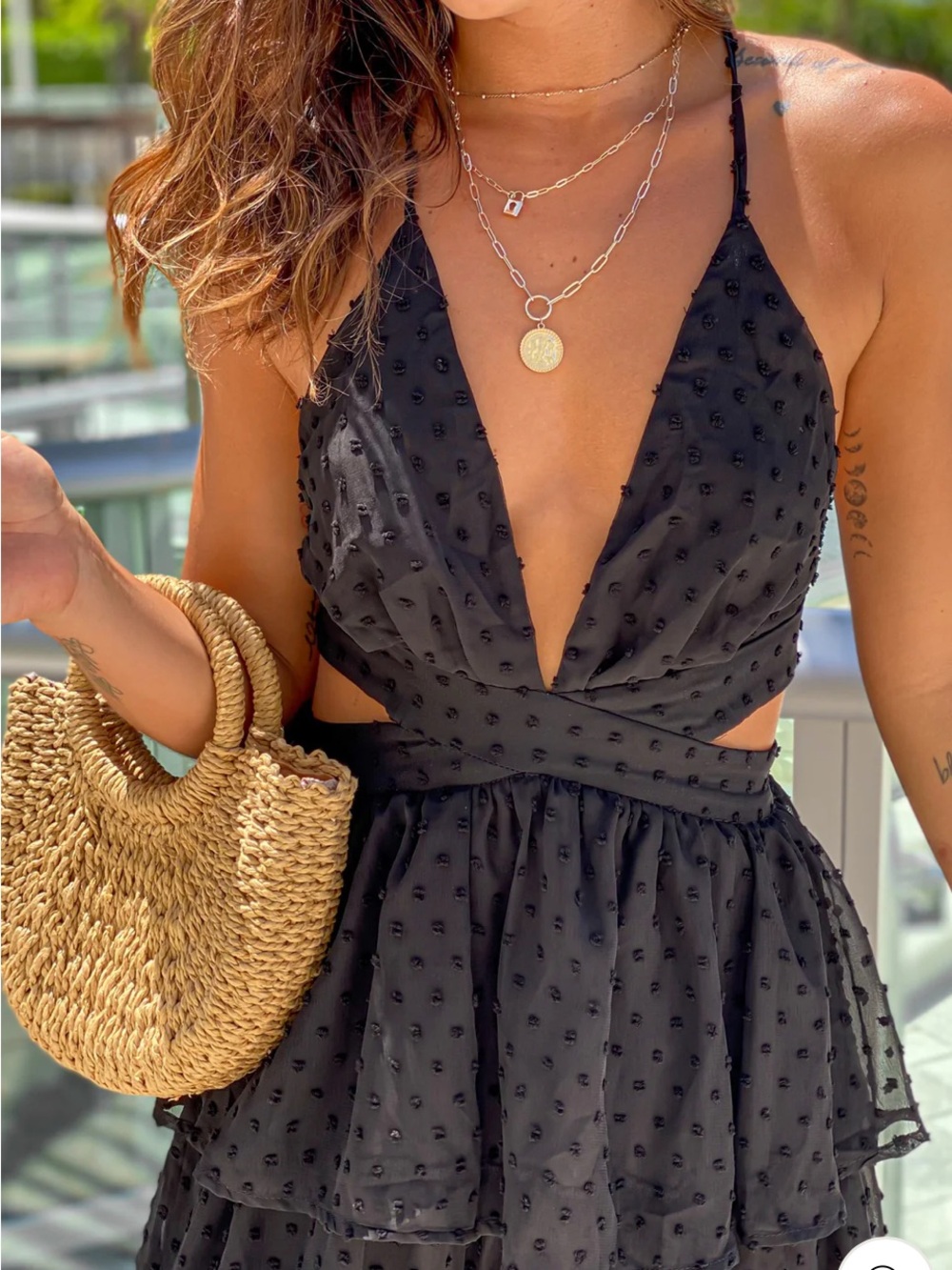 Women's Black Tiered Polka Dot Maxi Dress ruffle dress - Picture 3 of 4
